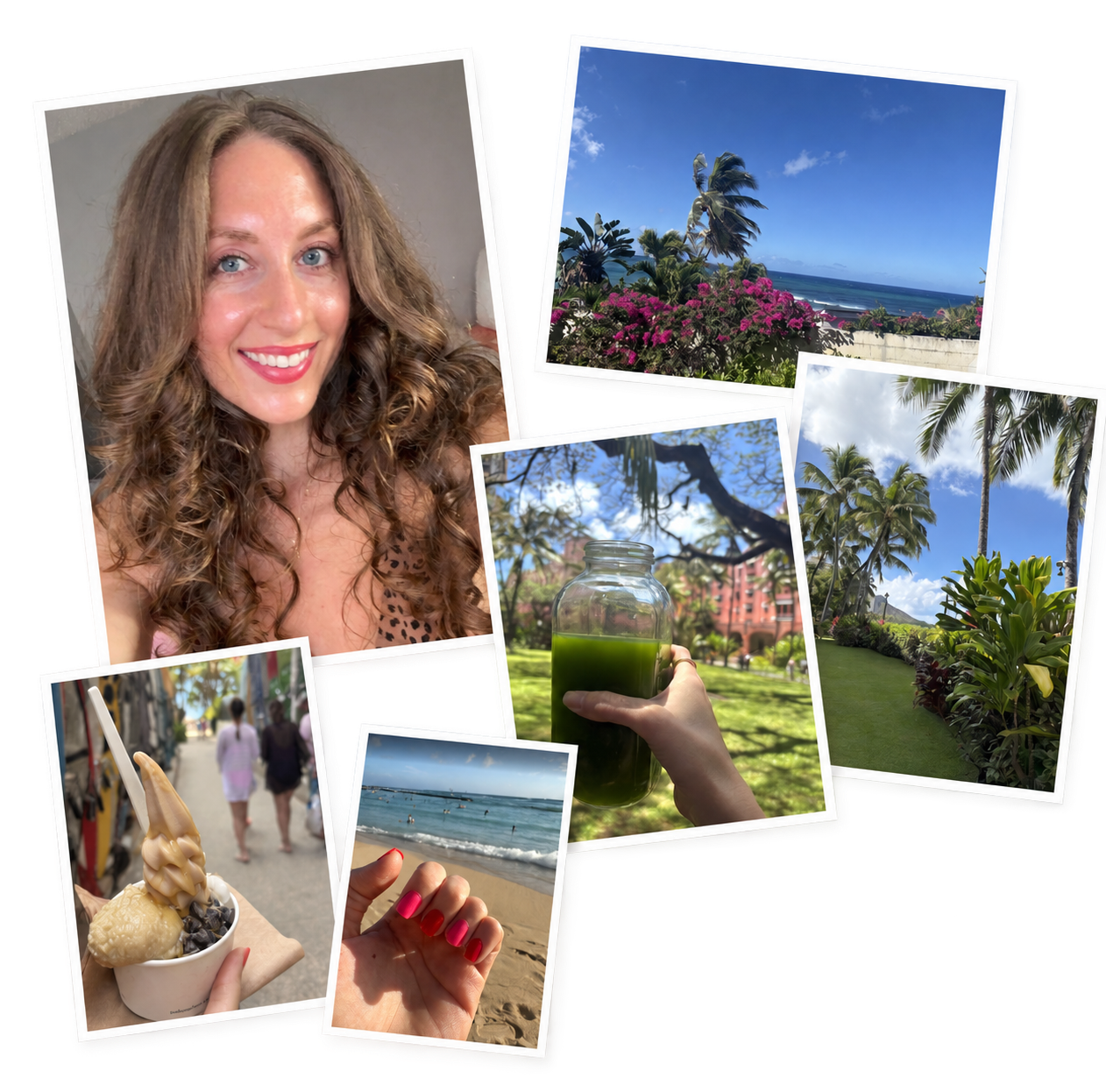 Malana’s approved real-photo collage: original portrait, flowers by the ocean, green juice, palm garden, ice cream, and pink and red nails.