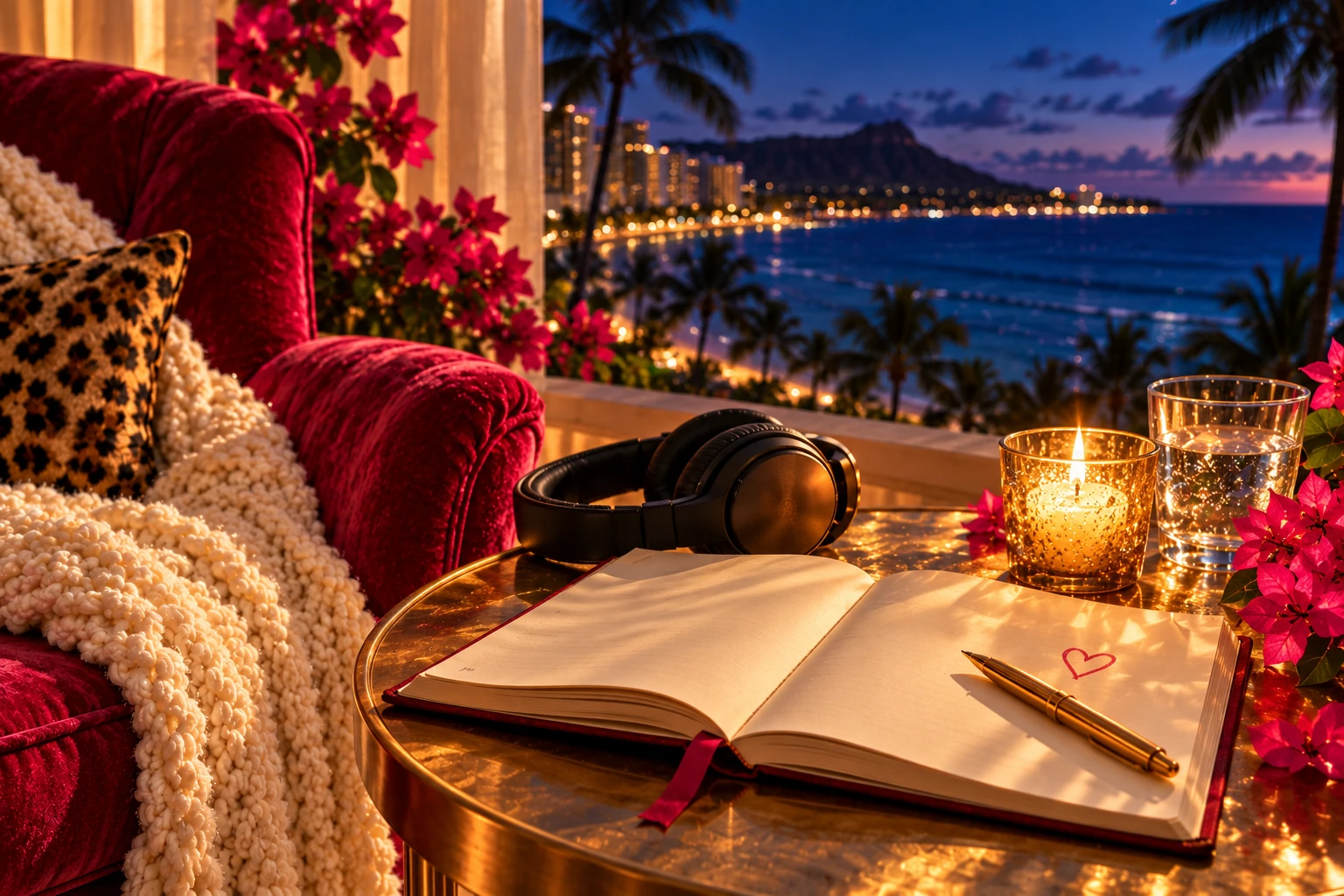 Brand illustration: headphones and an open journal beside a candle, with the Hawaiian ocean at twilight.