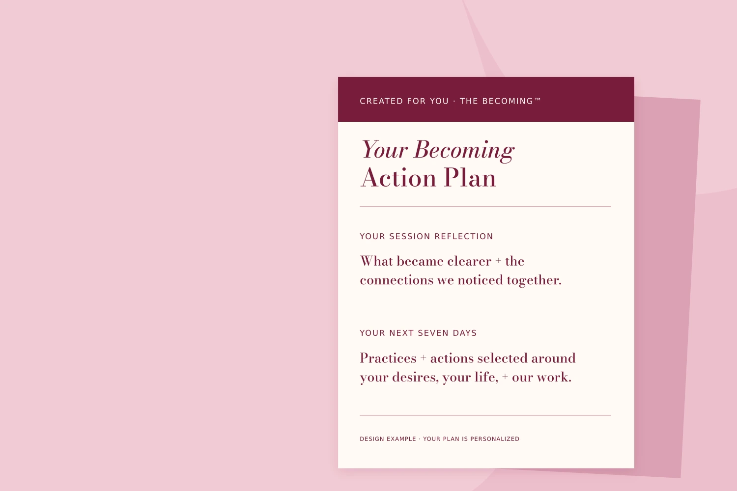 Design example of a personalized Becoming Action Plan, with a session reflection and practices for the next seven days.