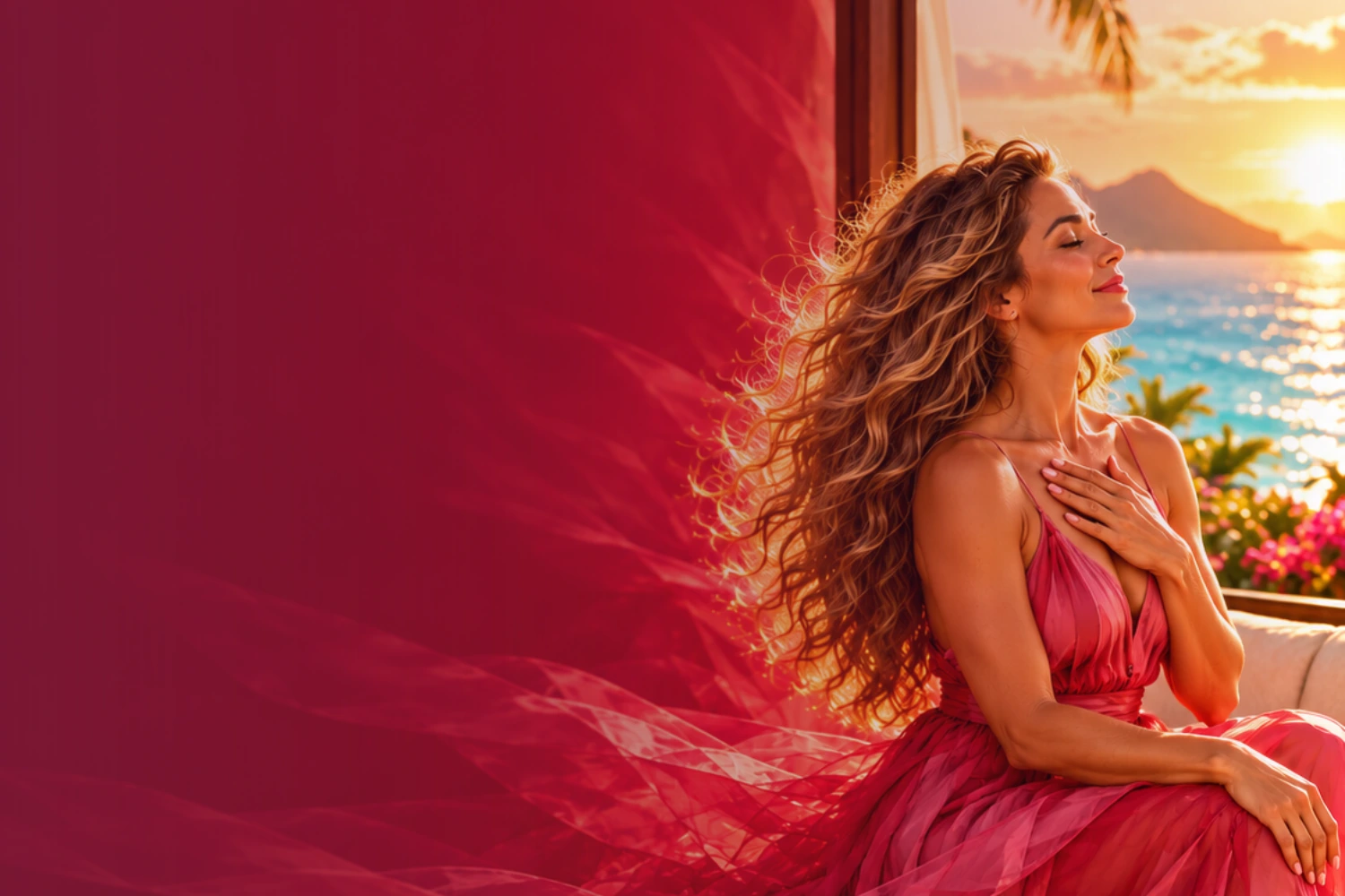 Symbolic brand artwork of a woman pausing with a hand on her heart beside the Hawaiian ocean, with flowing pink fabric.